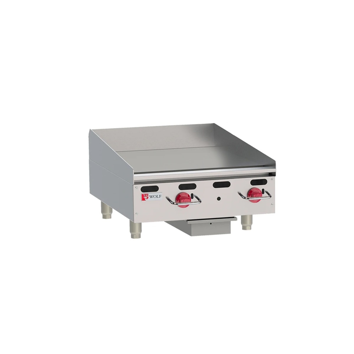Wolf AGM24 countertop gas griddle with two manual control knobs and rear backsplash