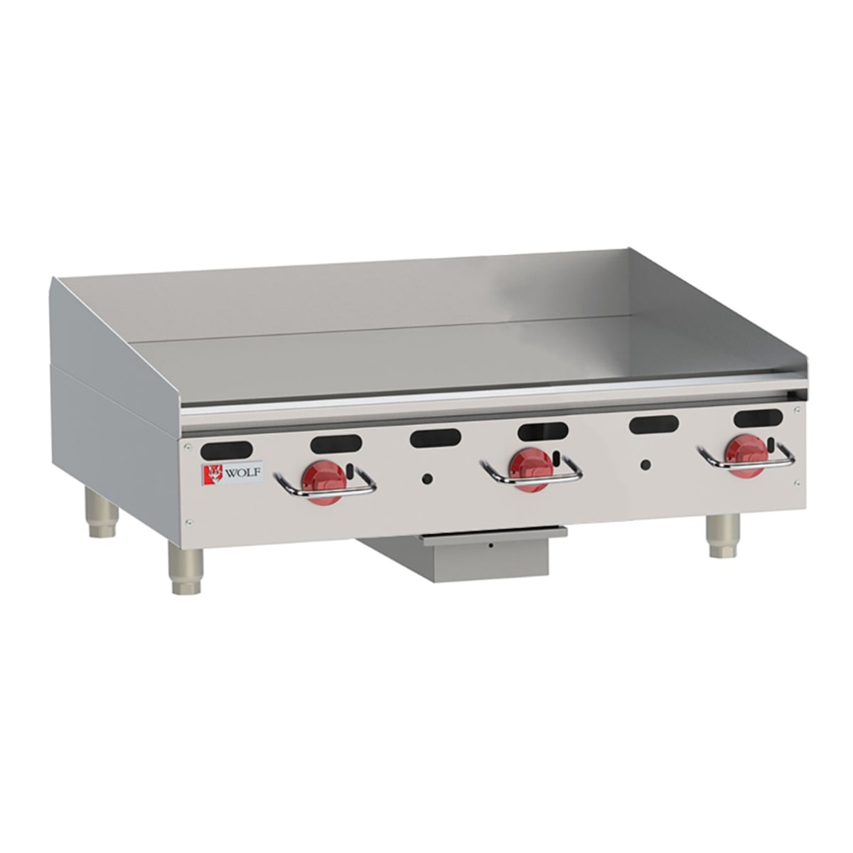 Wolf AGM36 heavy duty gas griddle with three manual control knobs