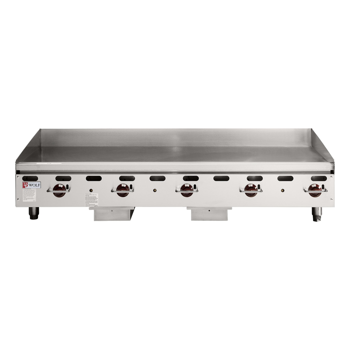 Wolf AGM60 60 inch countertop gas griddle, straight front view with five control knobs