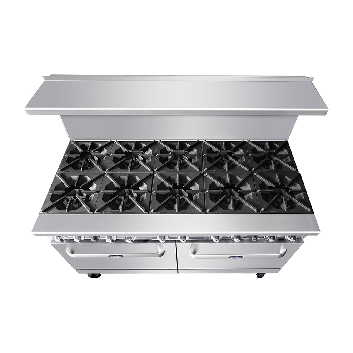 Top view of Atosa 60 inch gas range showing ten cast iron burner grates