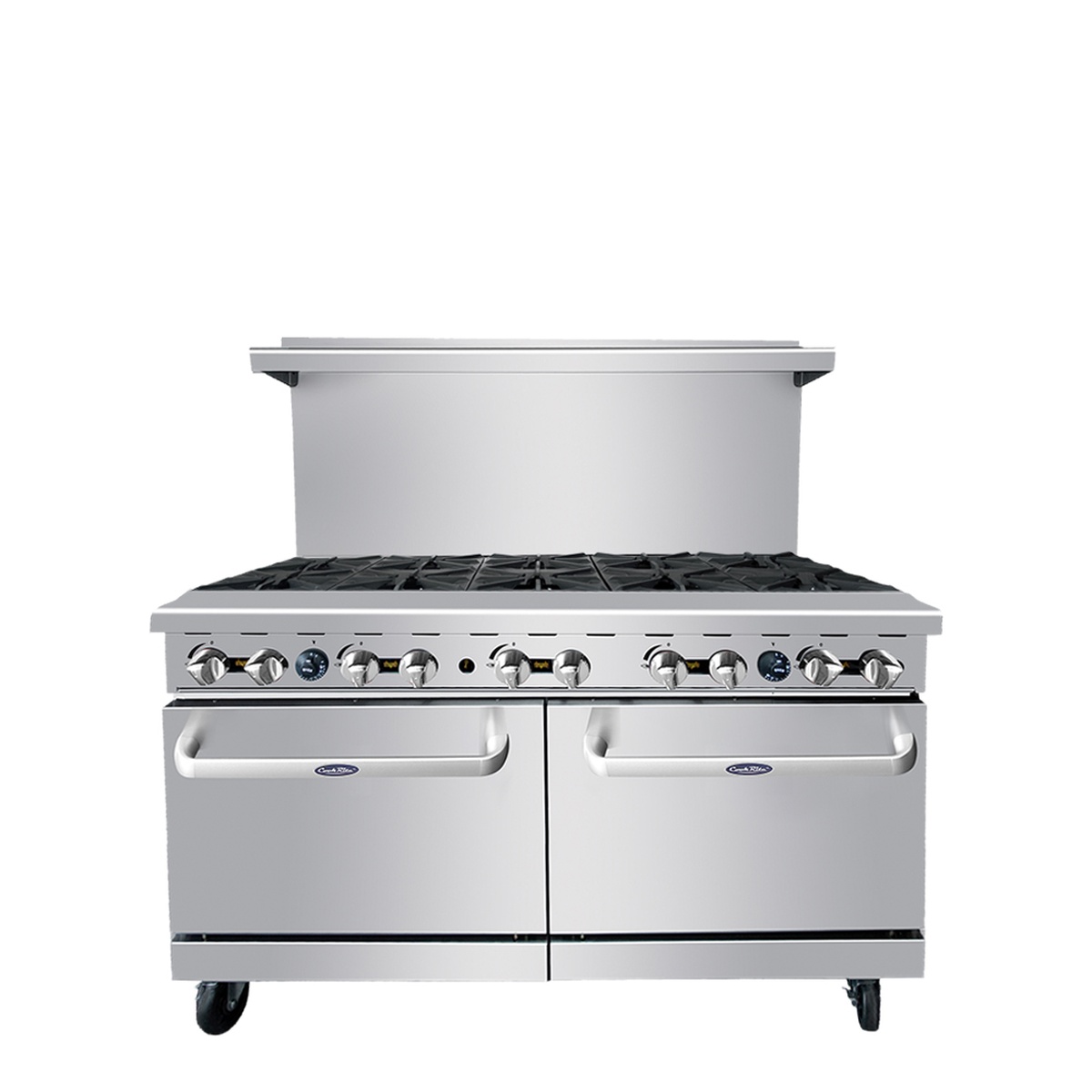 Front view of Atosa CookRite 60 inch gas range with ten open burners and double ovens