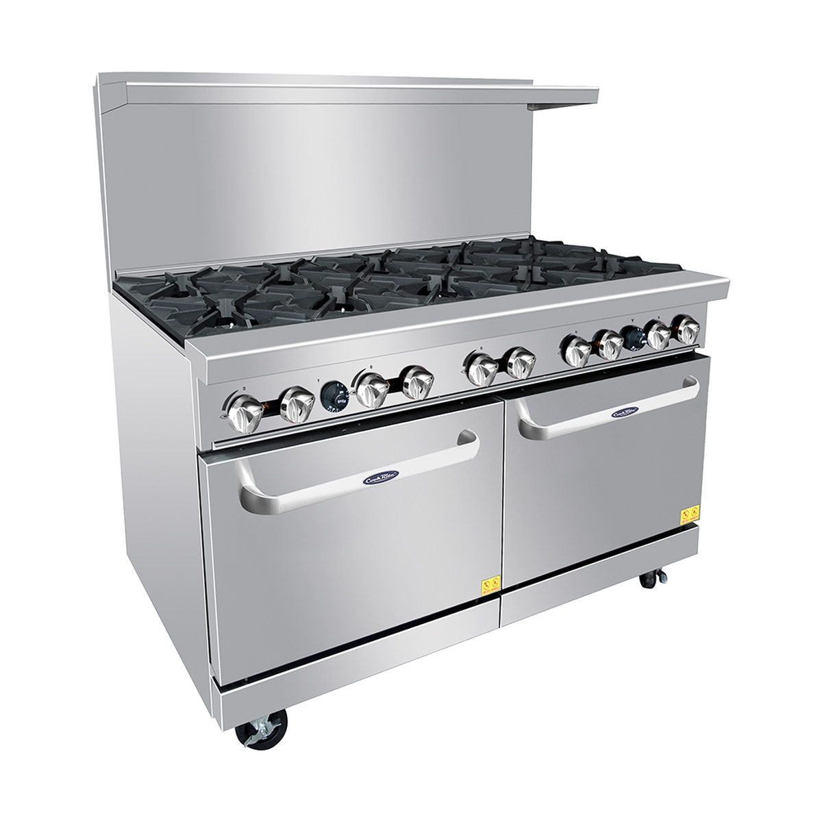 Three-quarter view of Atosa gas range on casters with double oven doors closed
