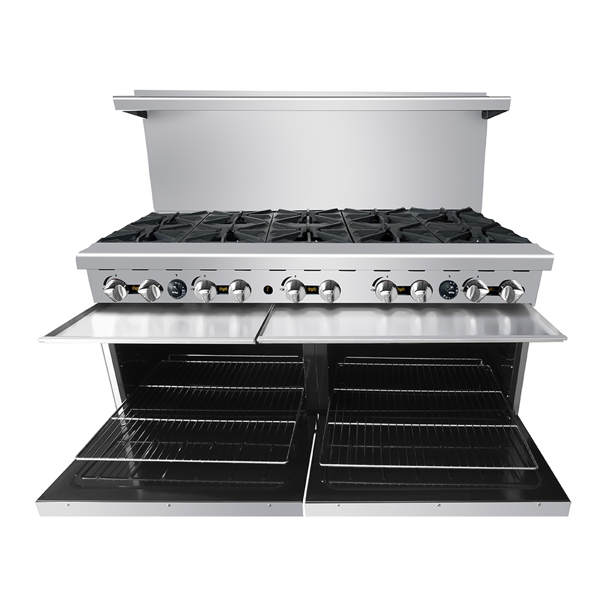 Atosa 60 inch gas range with both oven doors open showing chrome racks