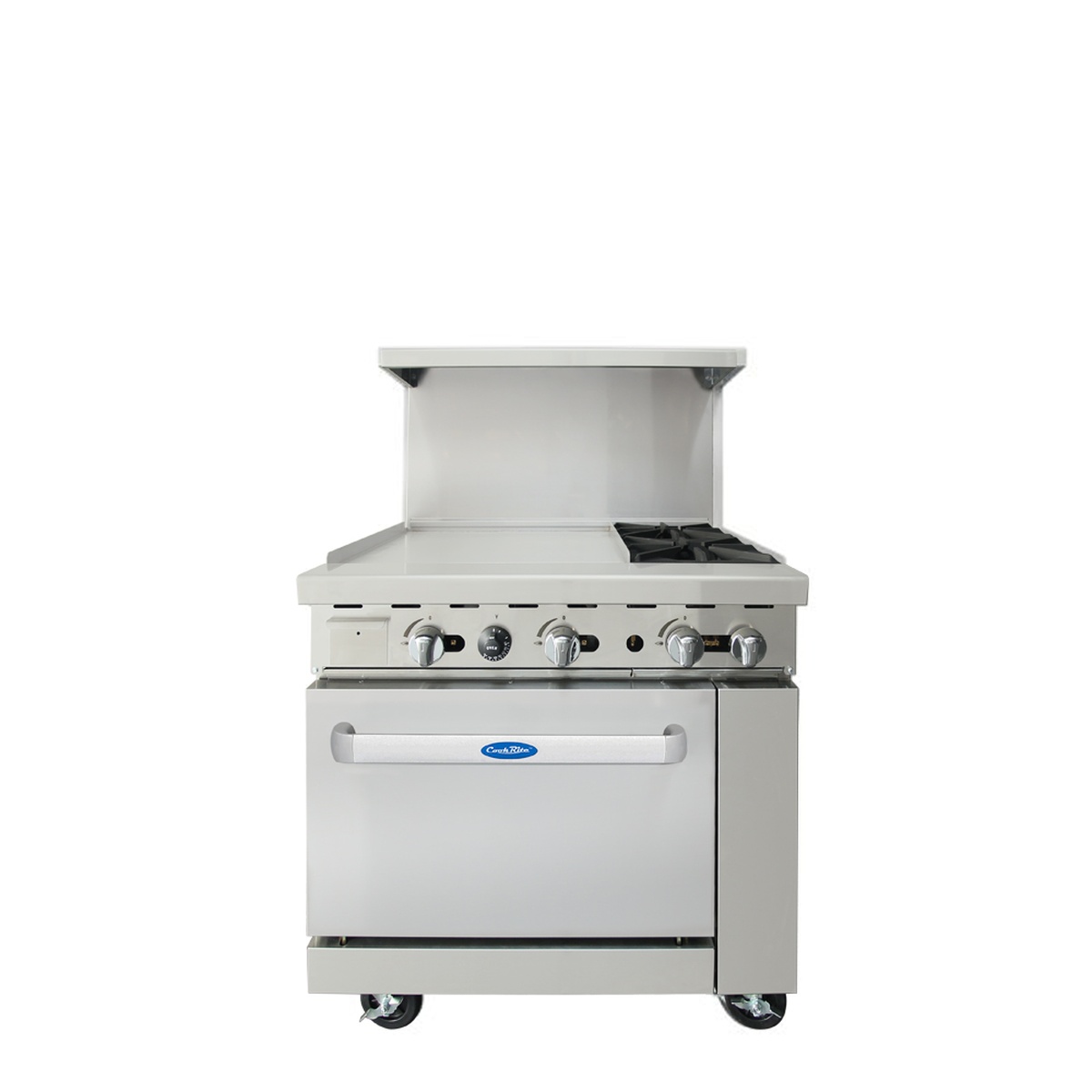 Atosa CookRite 36 inch gas range with 24 inch griddle top, two open burners, and oven