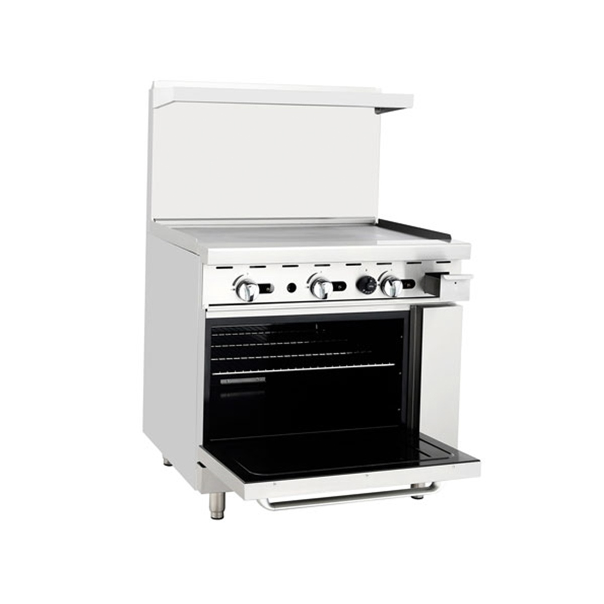 Atosa AGR-36G-LP range with oven door open showing enamel interior and chrome oven racks