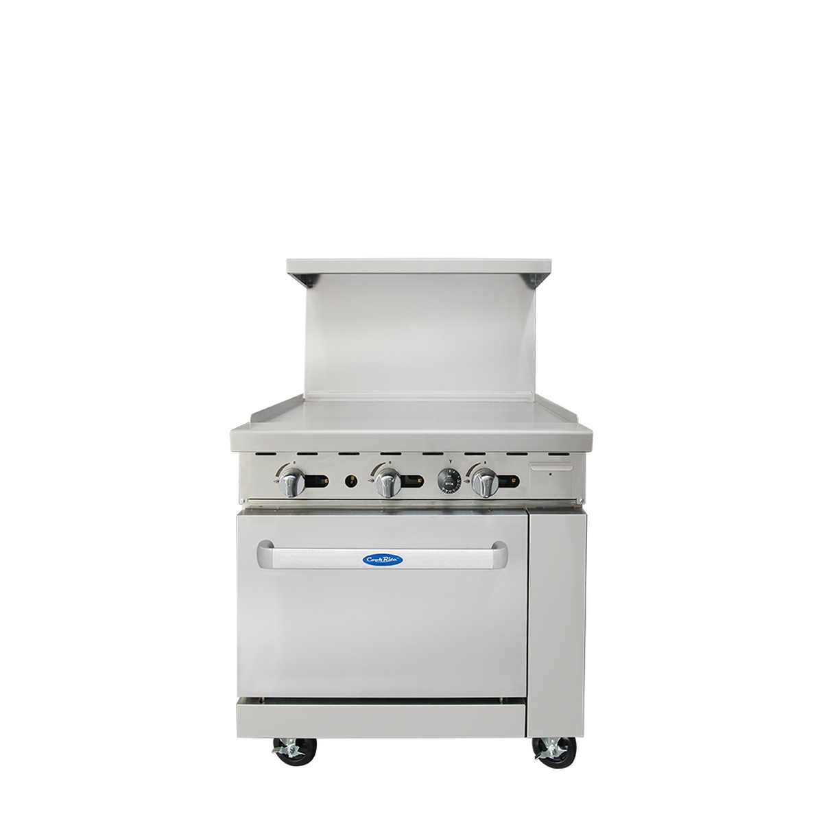 Front view of Atosa CookRite AGR-36G-LP 36 inch gas range with griddle top and oven