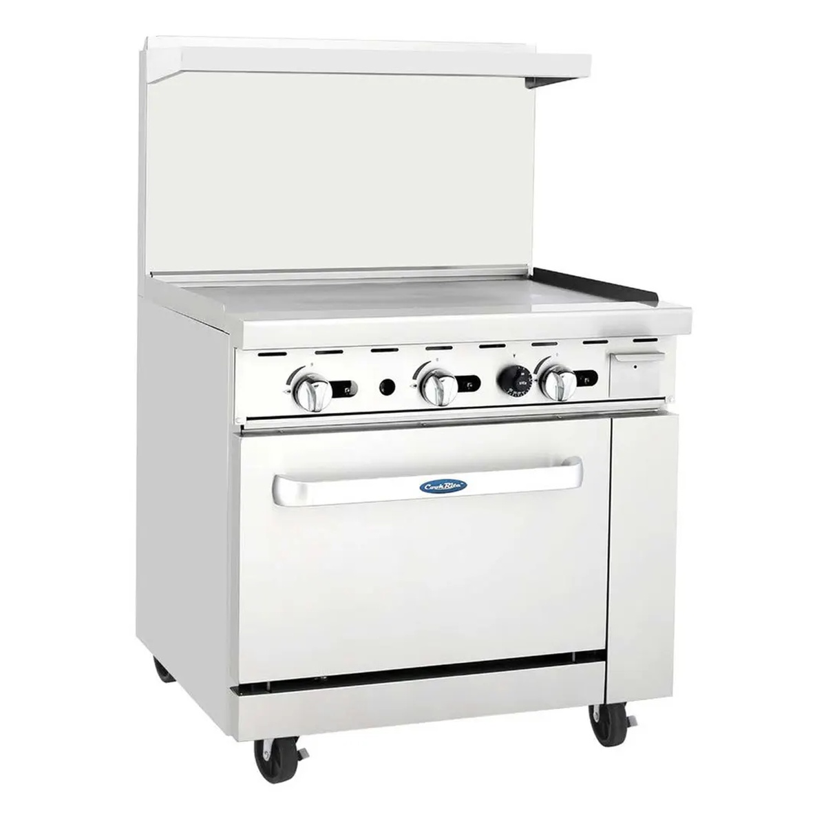 Atosa CookRite 36 inch griddle top gas range with oven base, front view