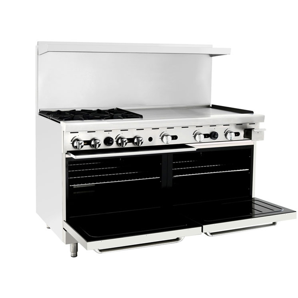 Angled view of Atosa CookRite range showing open burners, 36 inch griddle, and open oven doors