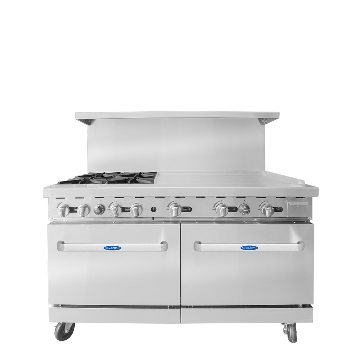 Front view of Atosa CookRite 60 inch gas range with four burners, 36 inch griddle, and two oven doors