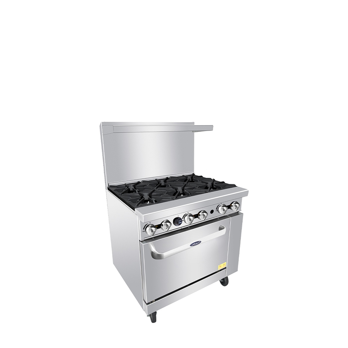 Angled view of Atosa CookRite AGR-6B-LP commercial range showing stainless construction and six-burner cooktop
