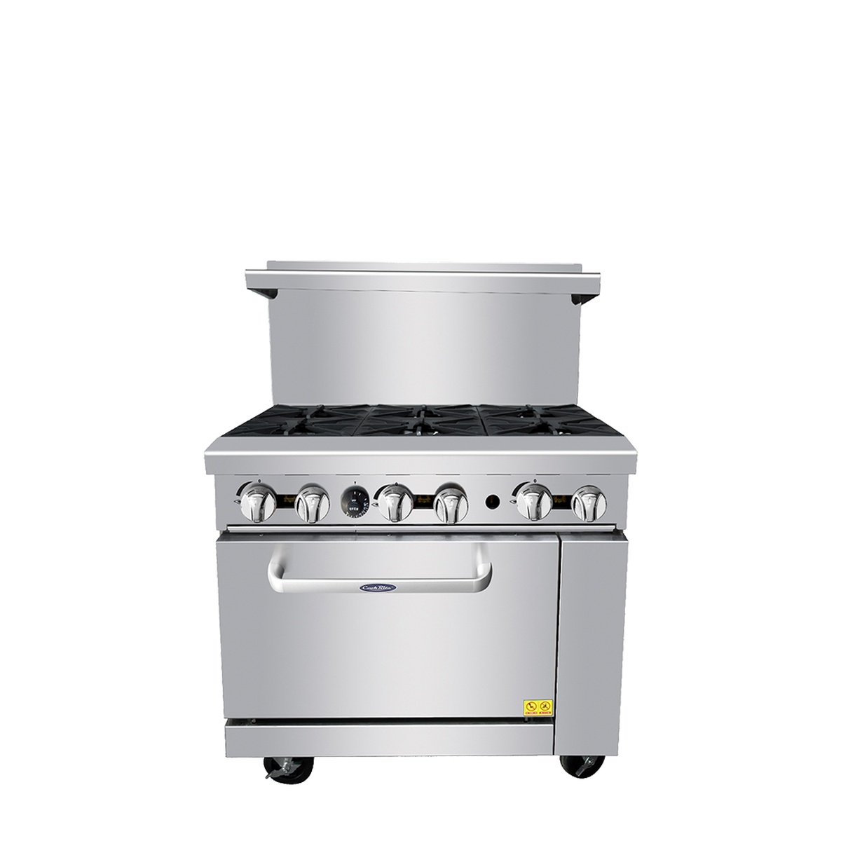 Front view of Atosa CookRite AGR-6B-LP 36 inch gas range with six open burners and standard oven