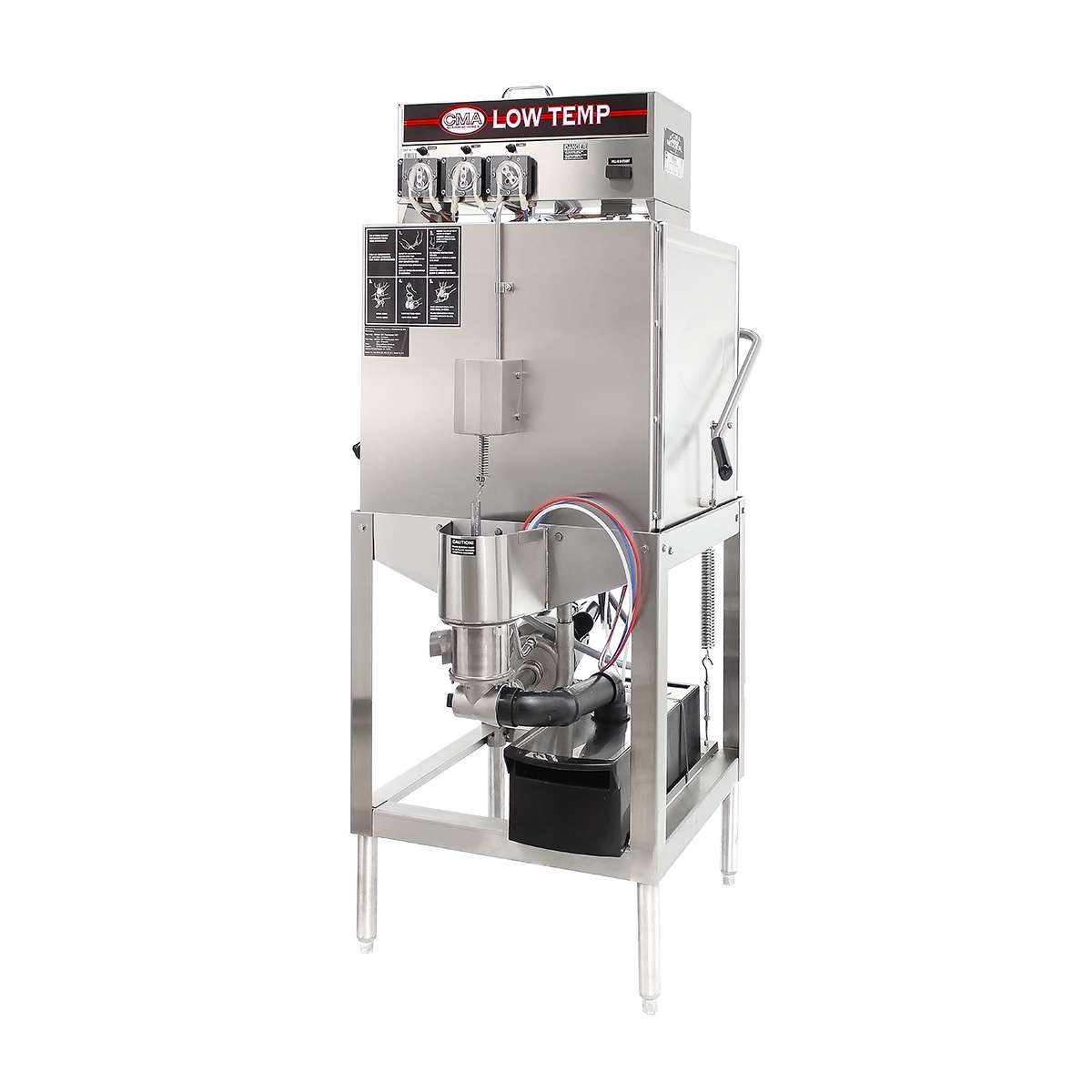 CMA Dishmachines Model AH low temperature dishwasher angled view showing pump and chemical connections