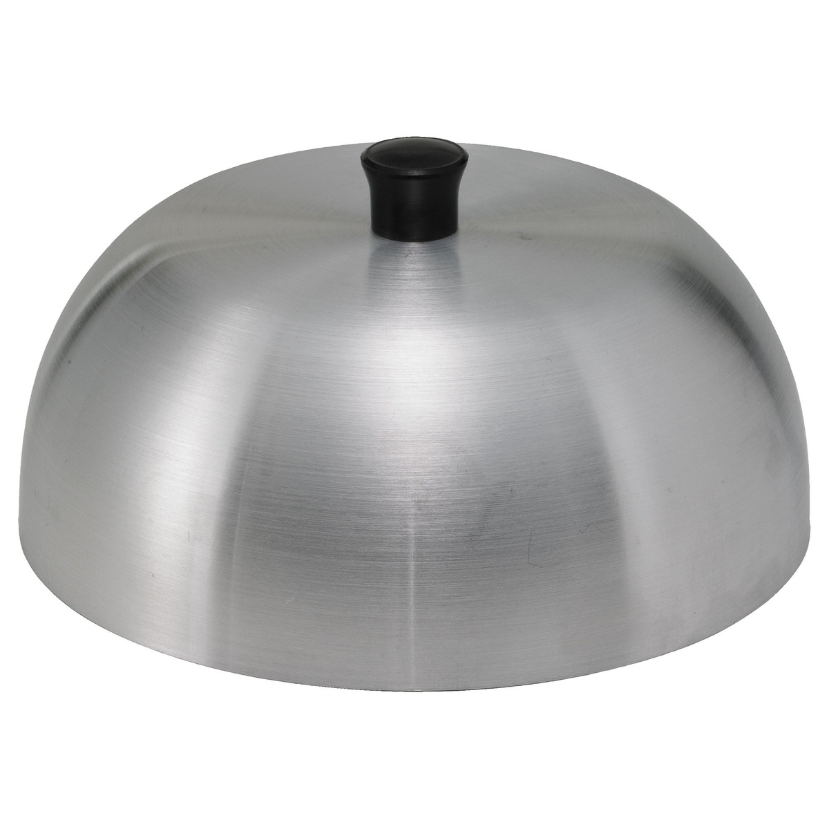 Winco AHC-6 6-inch round aluminum dome basting cover with black knob on white background