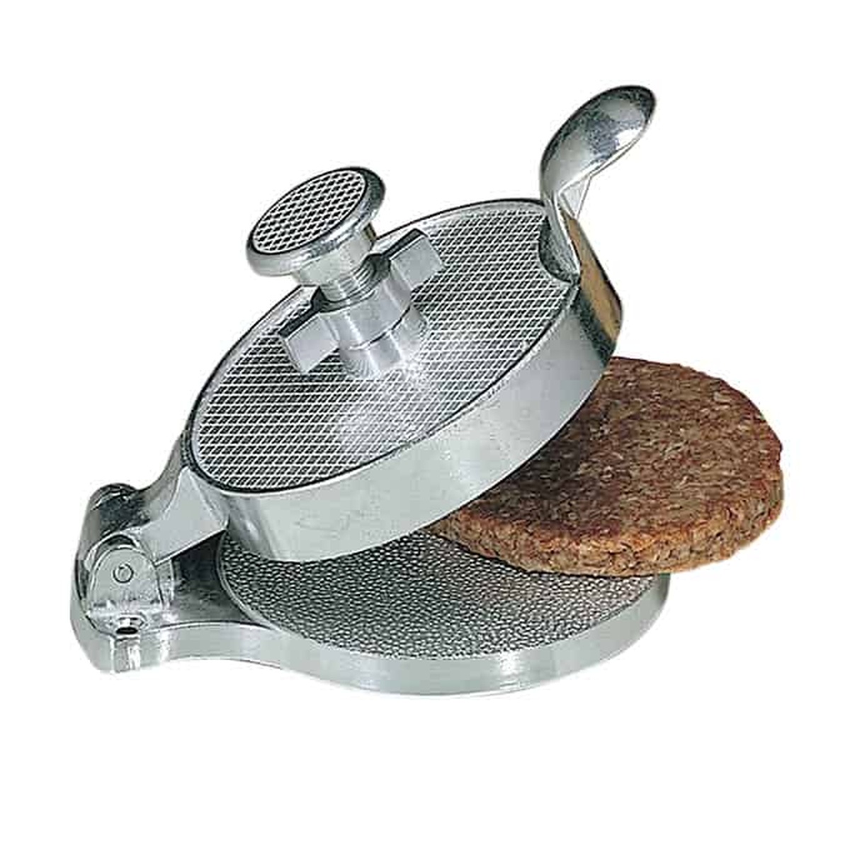American Metalcraft AHM485 hamburger press open with a formed burger patty resting on the base plate