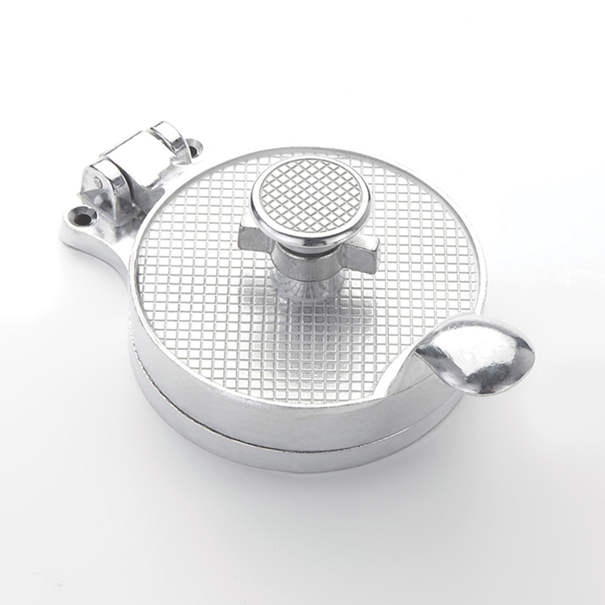 American Metalcraft AHM485 cast aluminum hamburger press with adjustable top knob and welded handle, shown from above on white background