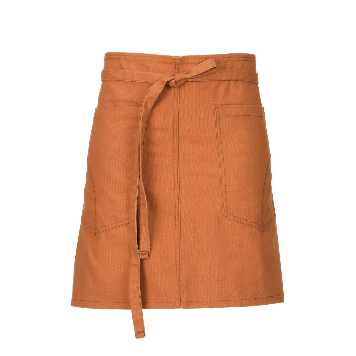 Chef Works Rockford Half Bistro Apron in Nutmeg with two hip pockets and tie waist, product flat lay on white background