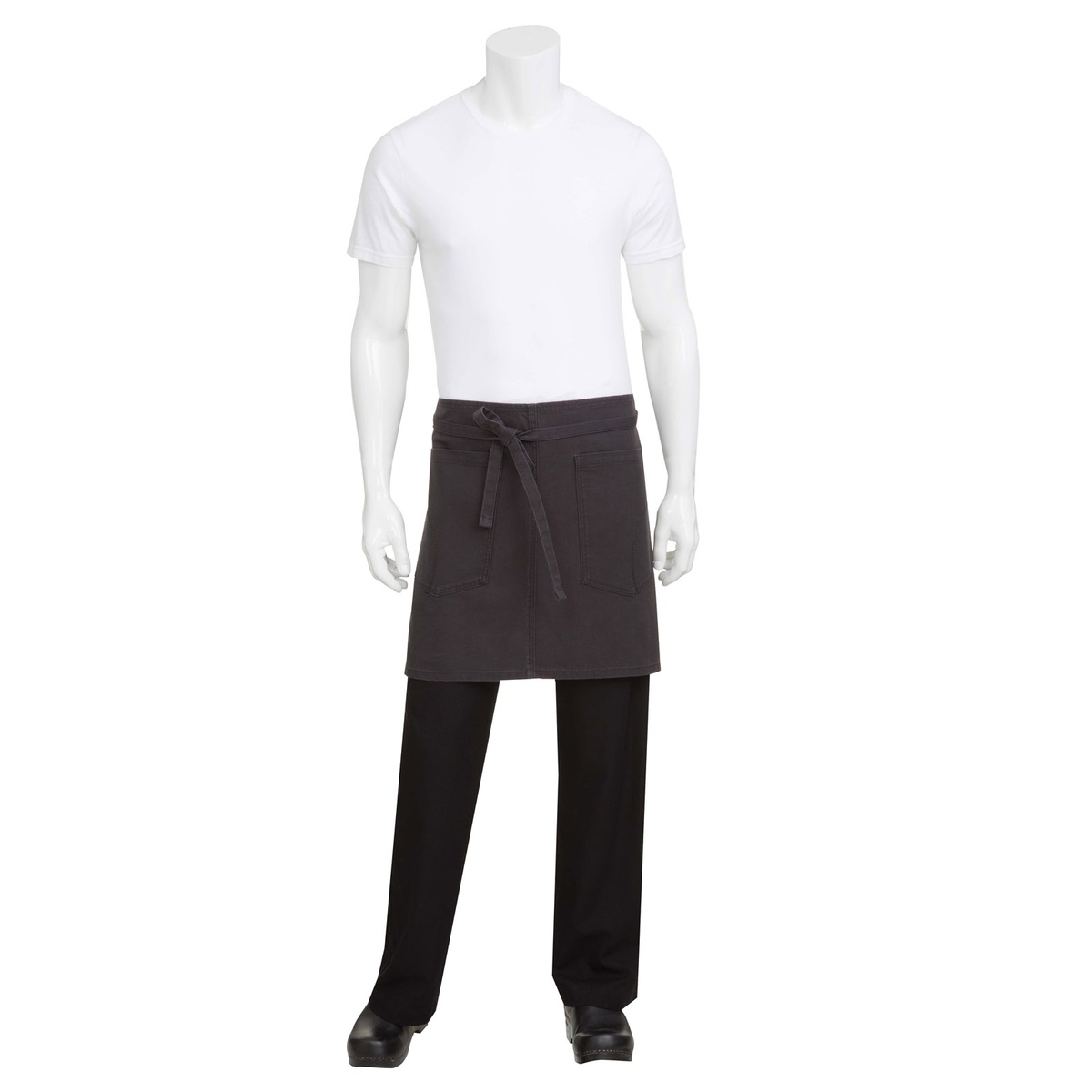 Chef Works Rockford Half Bistro Apron in steel gray displayed on a mannequin, showing two hip pockets and tie closure