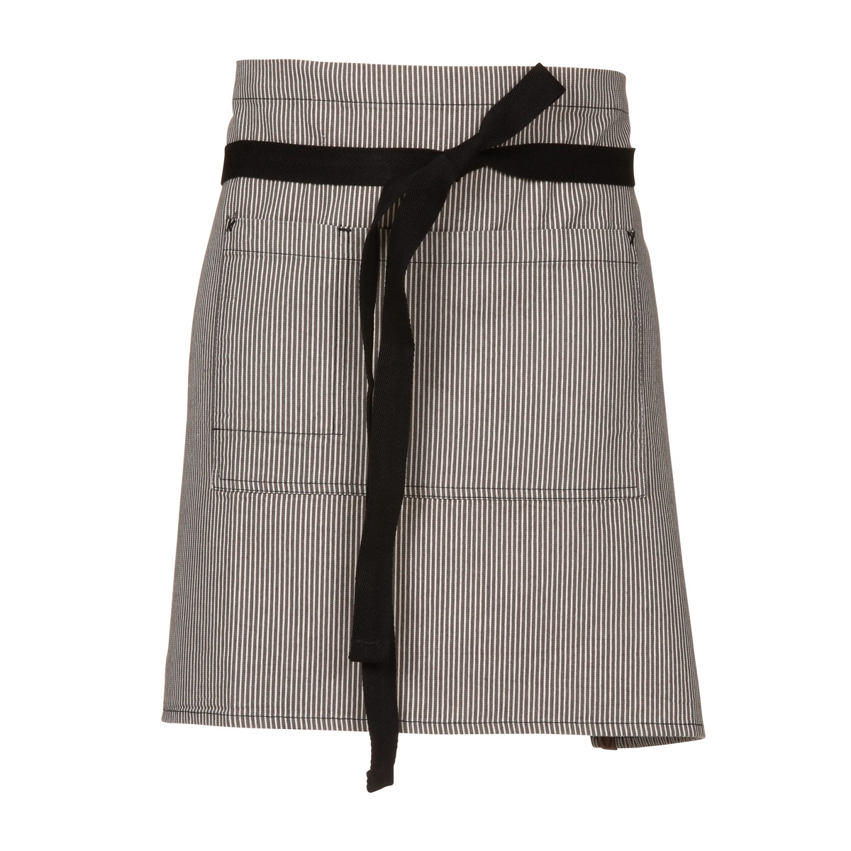 Chef Works Portland Half Bistro Apron in black pinstripe with contrast tape ties and front divided pocket