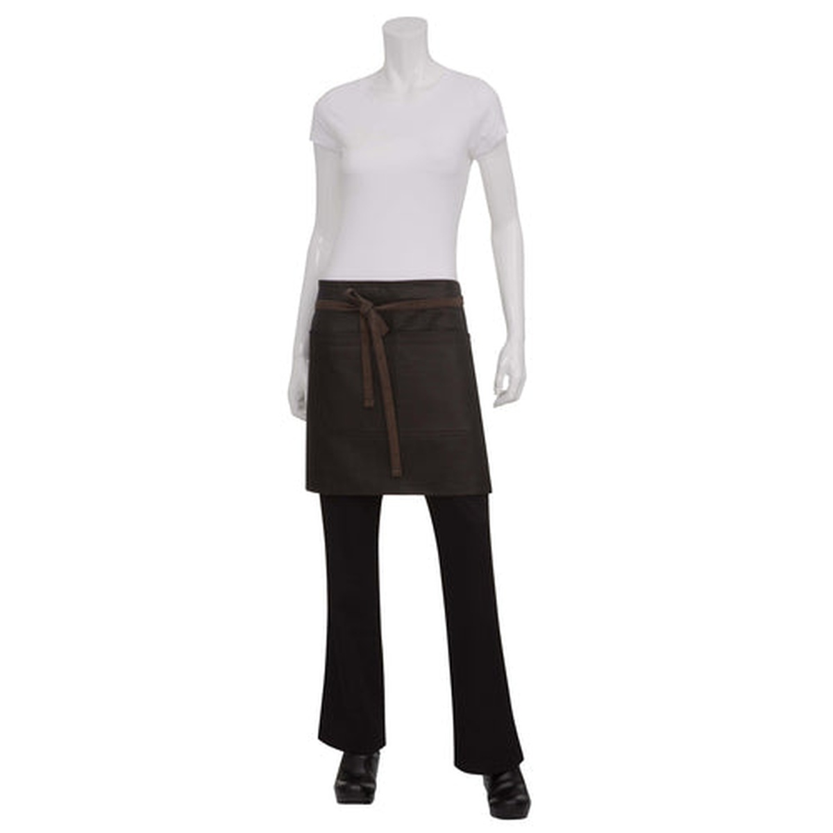 Chef Works Boulder Bistro Apron in black-brown waxed cotton denim, half-length waist style with tapered design and tied grommets