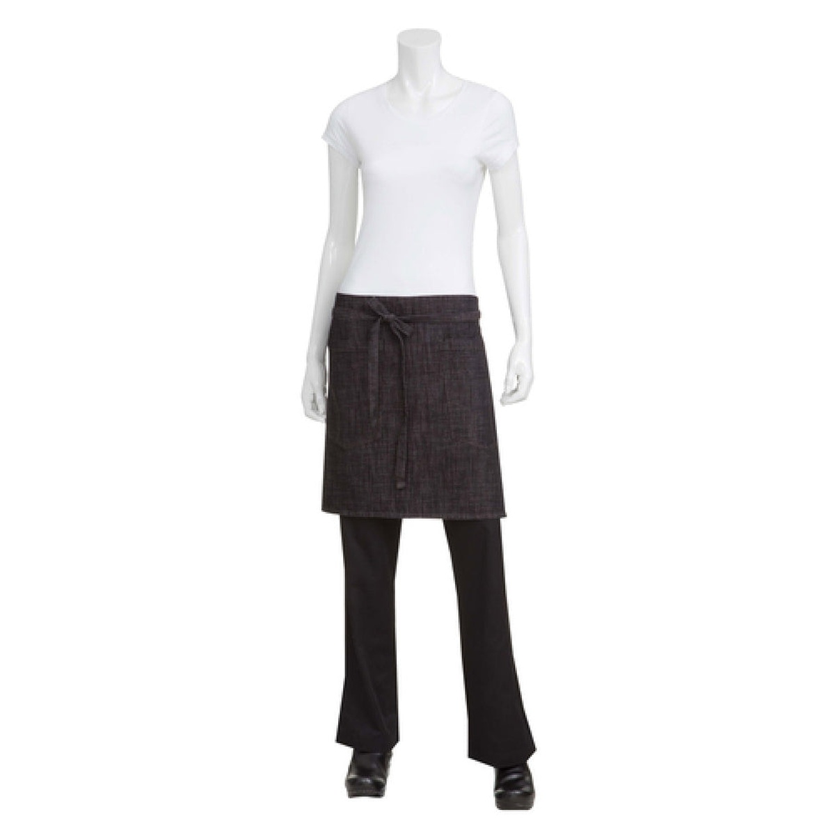 Chef Works Corvallis Bistro Apron in black-burgundy cotton denim displayed on mannequin