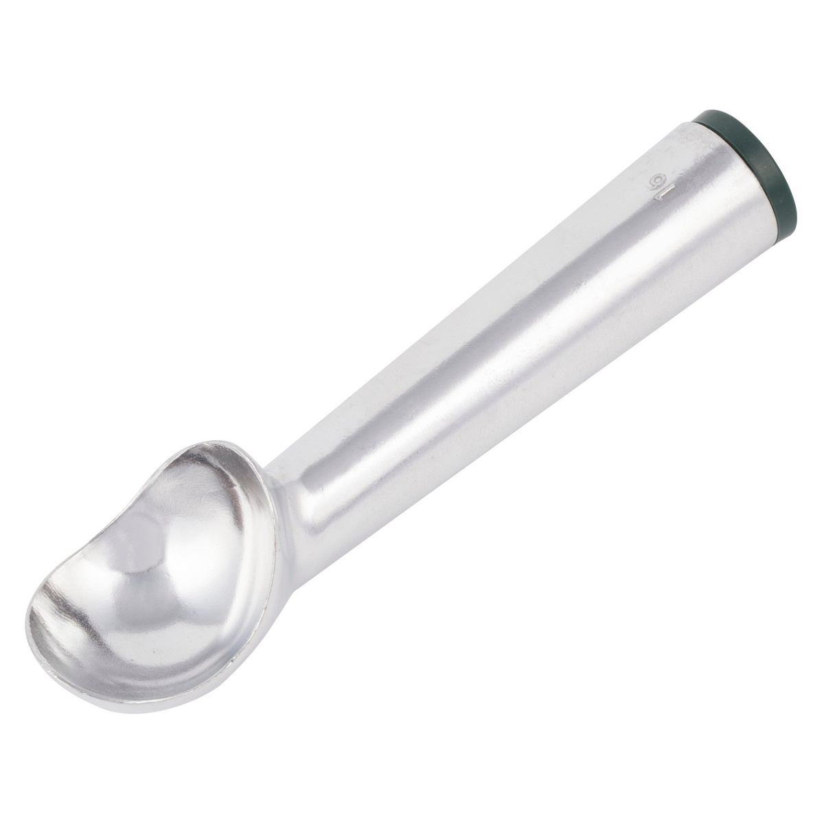 Winco AICD-16 aluminum self-defrosting ice cream dipper, size 16, shown at an angle highlighting the rounded scoop bowl and cylindrical handle with dark green end cap
