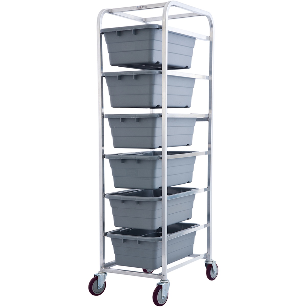 Winholt aluminum mobile lug cart shown fully loaded with gray lugs on swivel casters