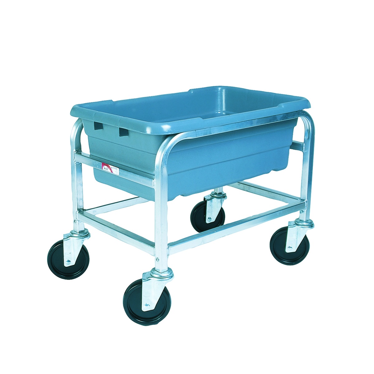 Winholt aluminum lug cart with single blue lug, showing four large swivel stem casters and aluminum frame base