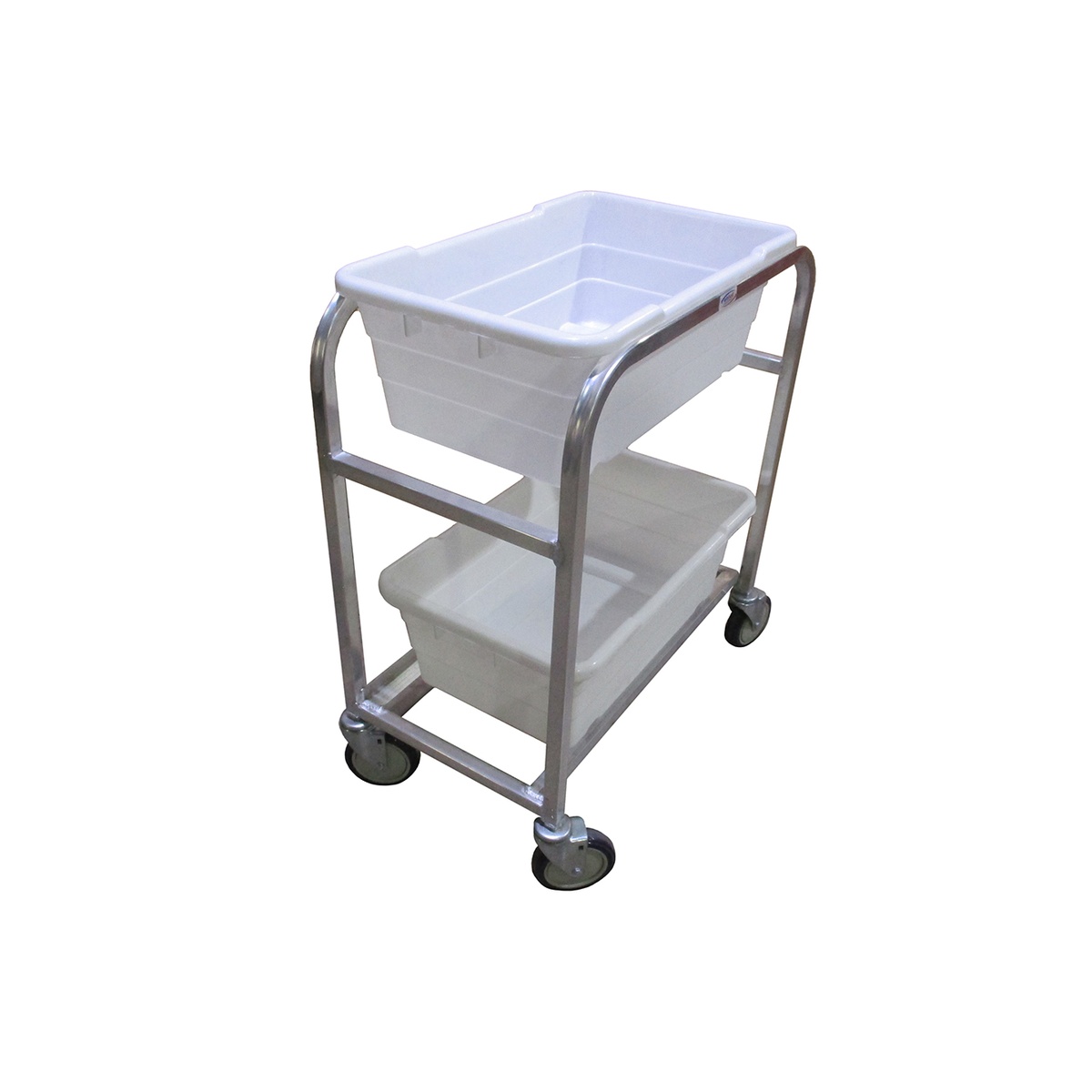 Winholt aluminum lug cart with two white lugs resting on frame rails, showing welded construction and casters