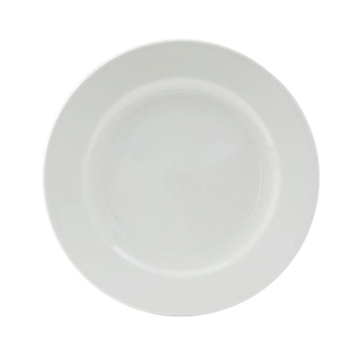 Tuxton ALA-082 8-1/4 inch round porcelain white plate with wide rim and rolled edge, top-down view
