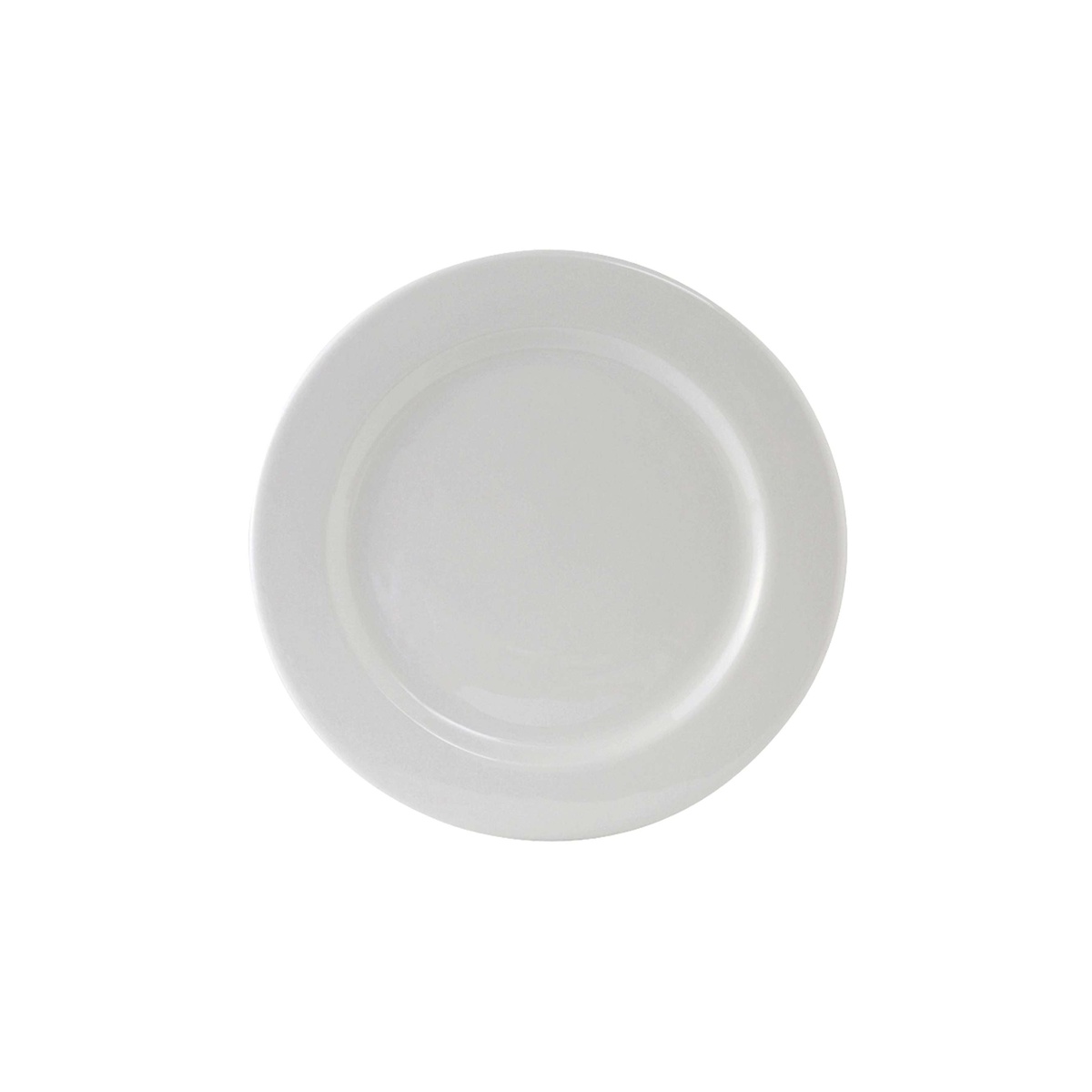 Tuxton Alaska porcelain white medium round plate with wide rim, product shot on white background