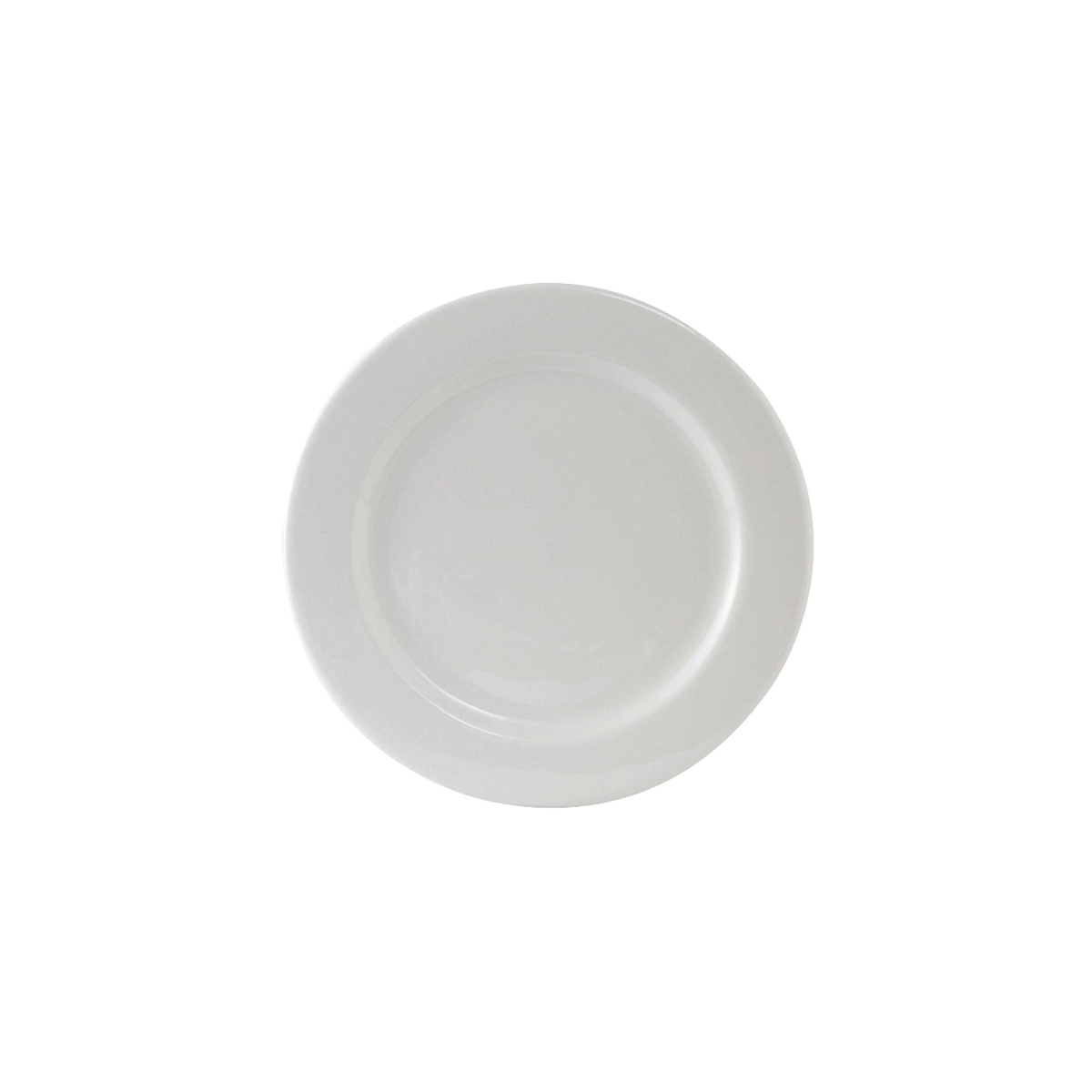 Tuxton Alaska porcelain white round plate with wide rim and rolled edge, top view