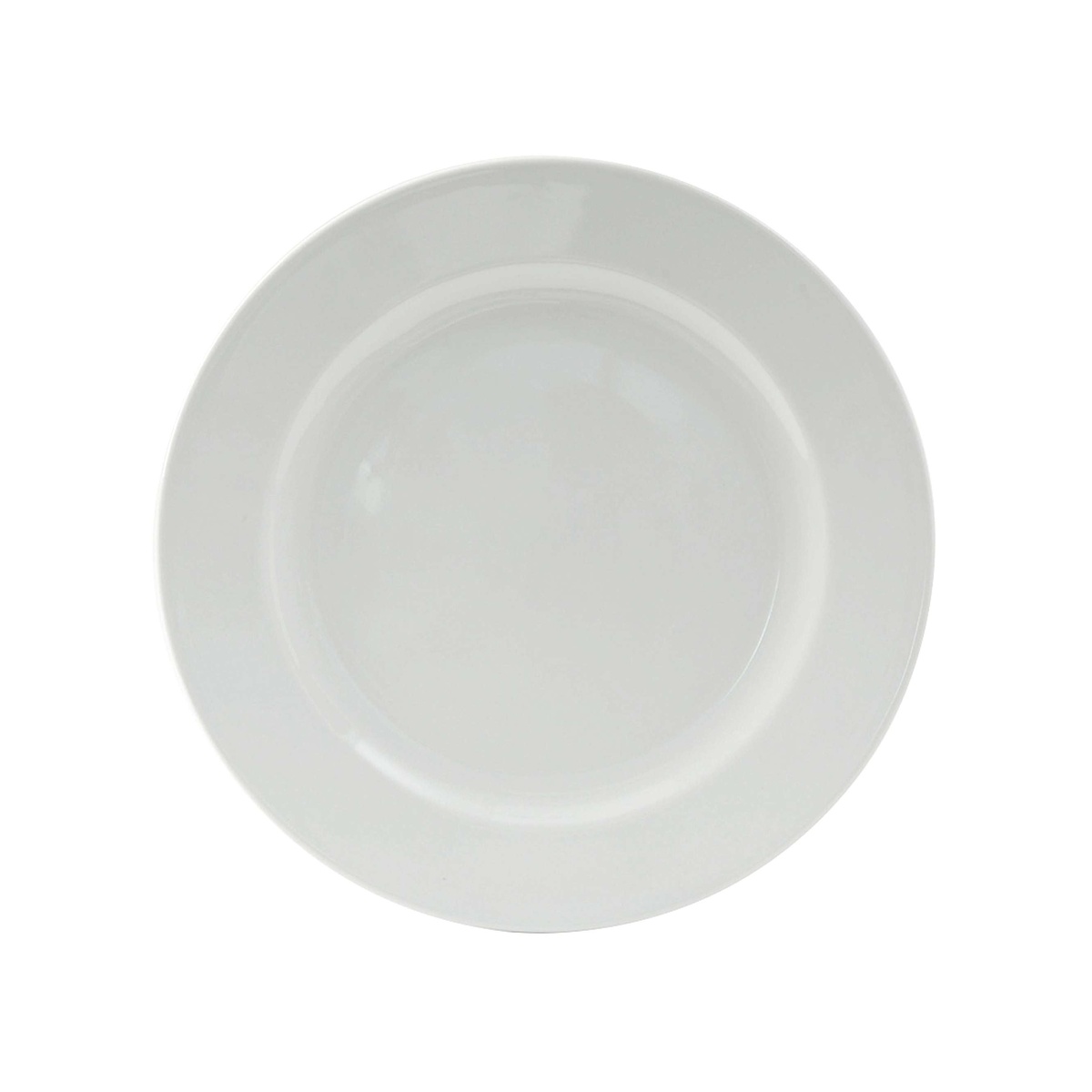 Tuxton Alaska porcelain white wide-rim dinner plate, top-down view showing glossy finish