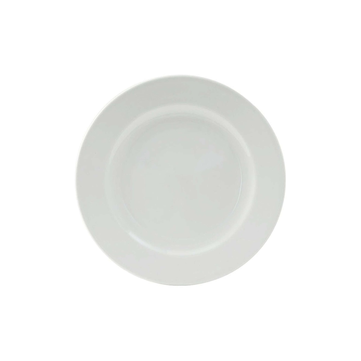 Tuxton Alaska porcelain white wide-rim dinner plate, top-down view on white background