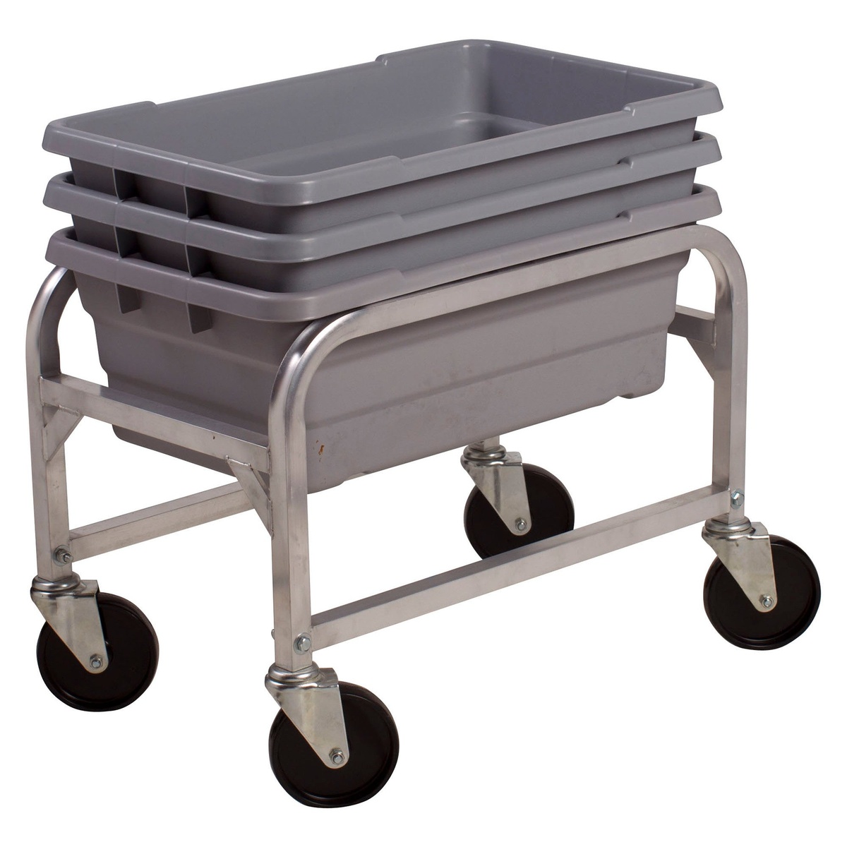 Winco ALBC-1 aluminum lug box cart loaded with a stack of gray lug boxes on white background