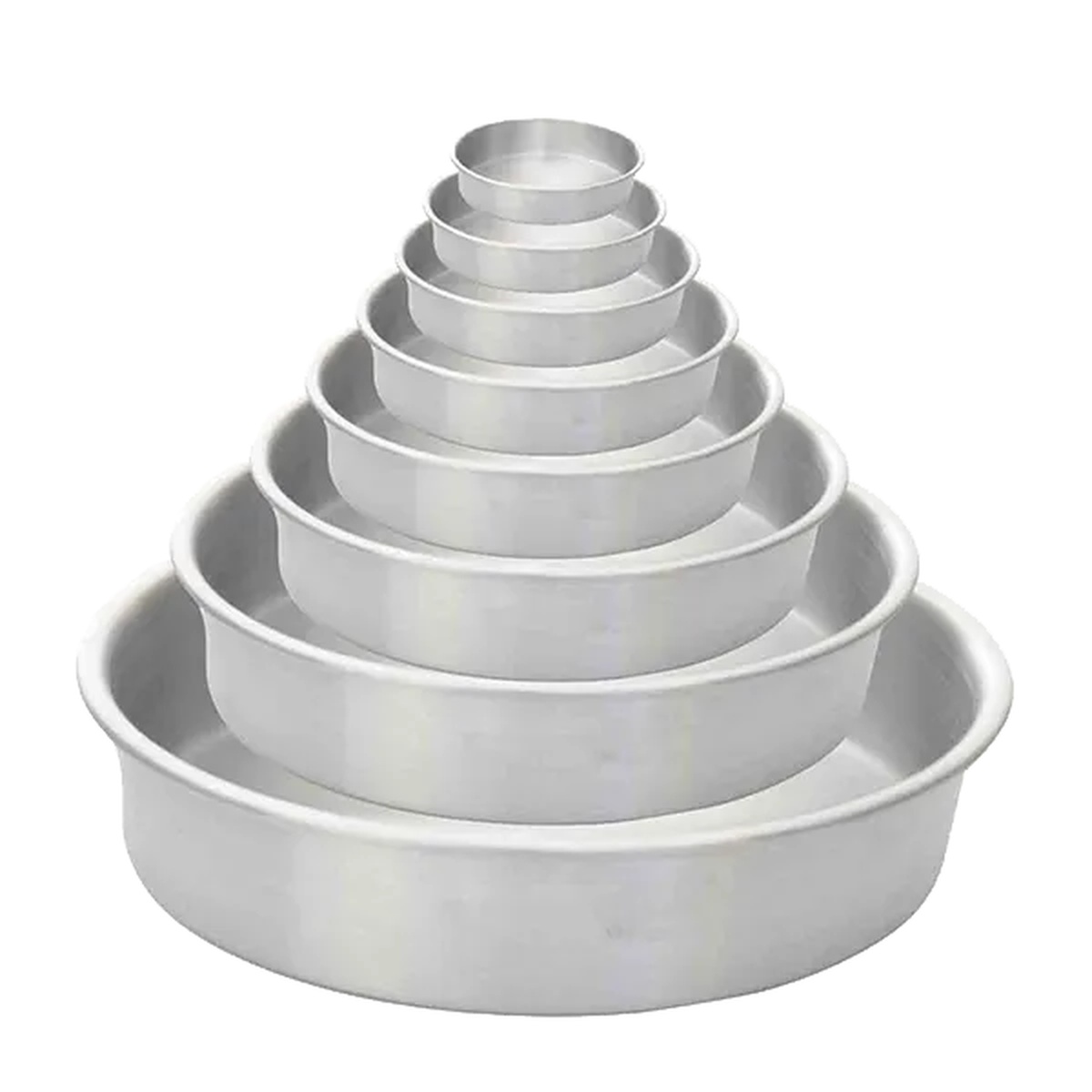 Multiple Thunder Group aluminum round layer cake pans stacked in graduated sizes from small to large