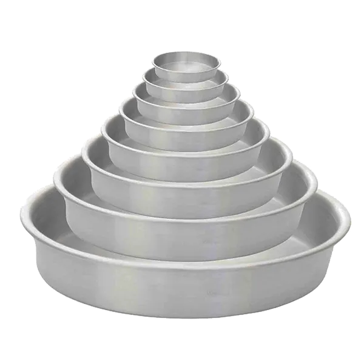 Multiple Thunder Group round aluminum layer cake pans stacked in graduated sizes forming a pyramid