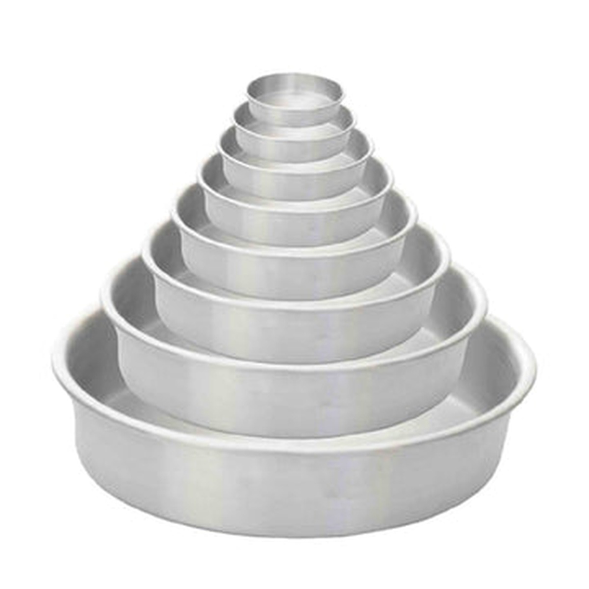Assorted sizes of Thunder Group round aluminum layer cake pans stacked in a graduated pyramid arrangement