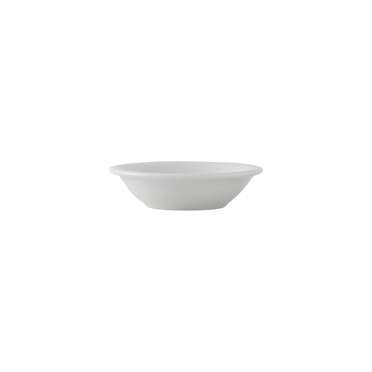 Tuxton ALD-046 4 oz porcelain white fruit dish, top angle view showing wide rim rolled edge