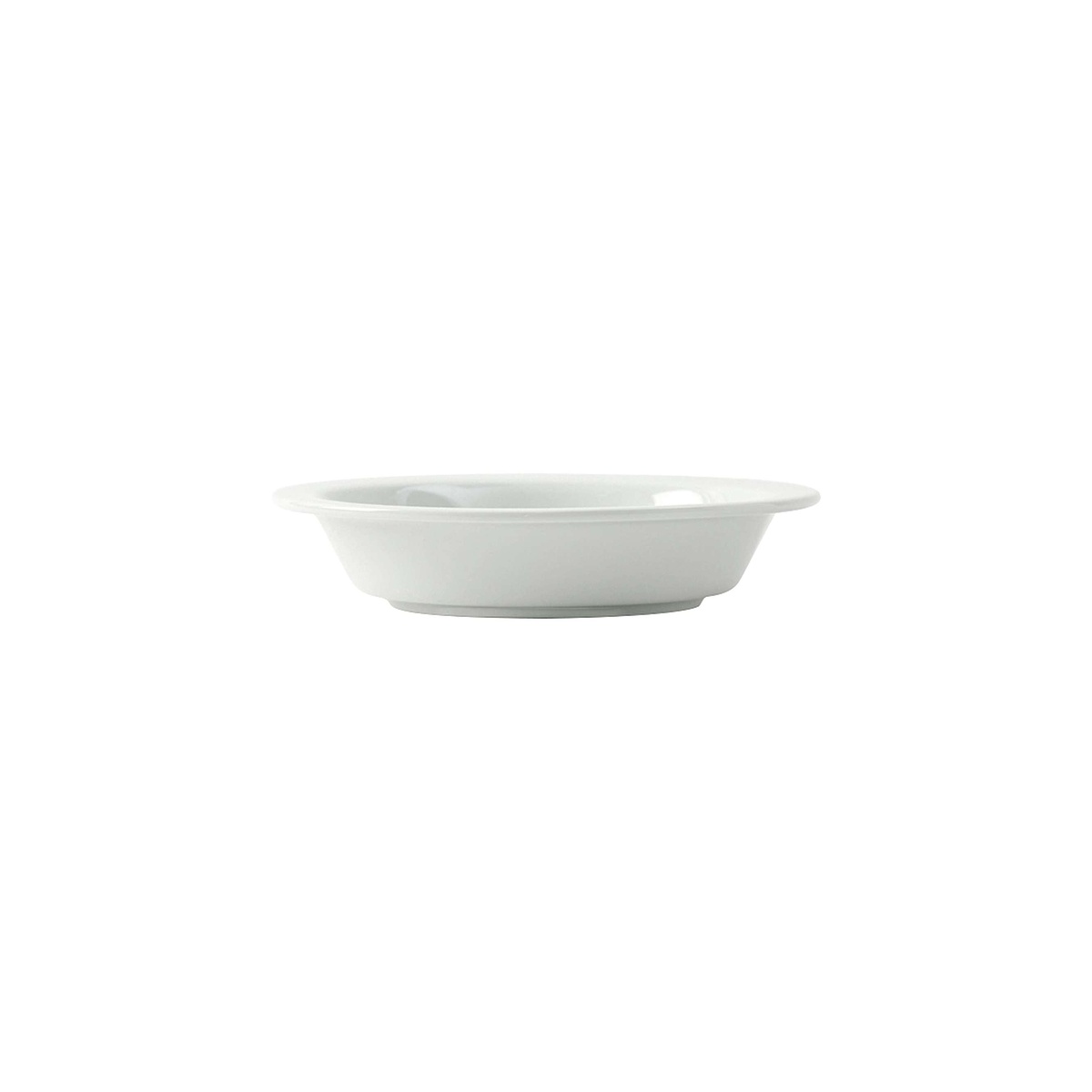 Tuxton porcelain white grapefruit bowl with flanged rim, top angle view on white background