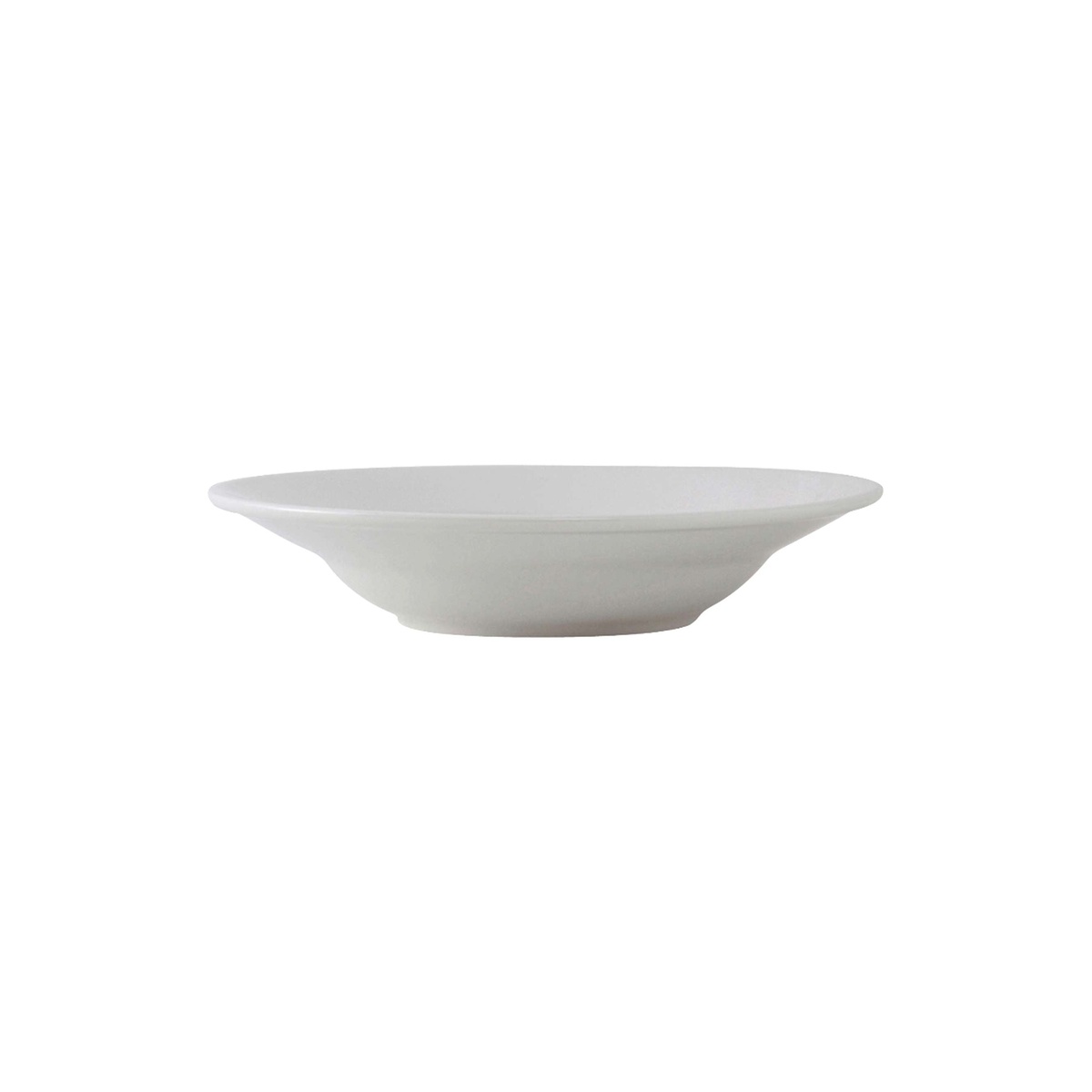Tuxton ALD-090 Alaska 9.5 oz. bright white wide-rim china soup bowl, side profile view
