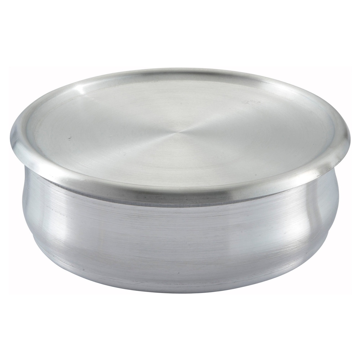 Winco ALDP-48 aluminum dough pan shown with a fitted lid resting on top