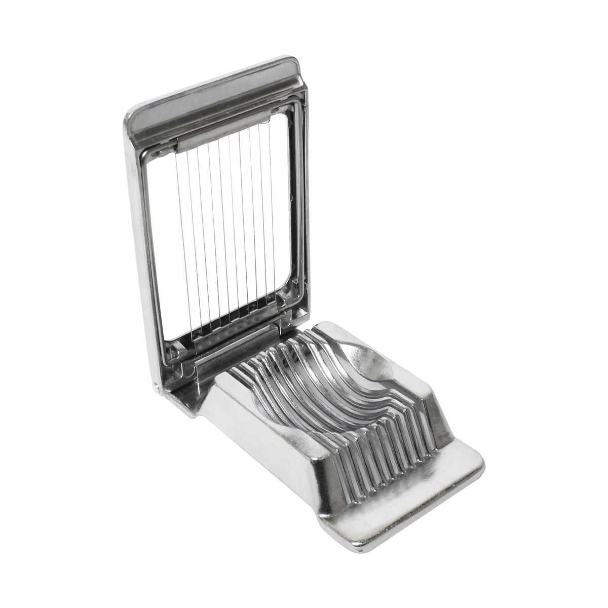 Thunder Group ALES-005C square aluminum egg slicer in open position, showing piano wire cutting frame