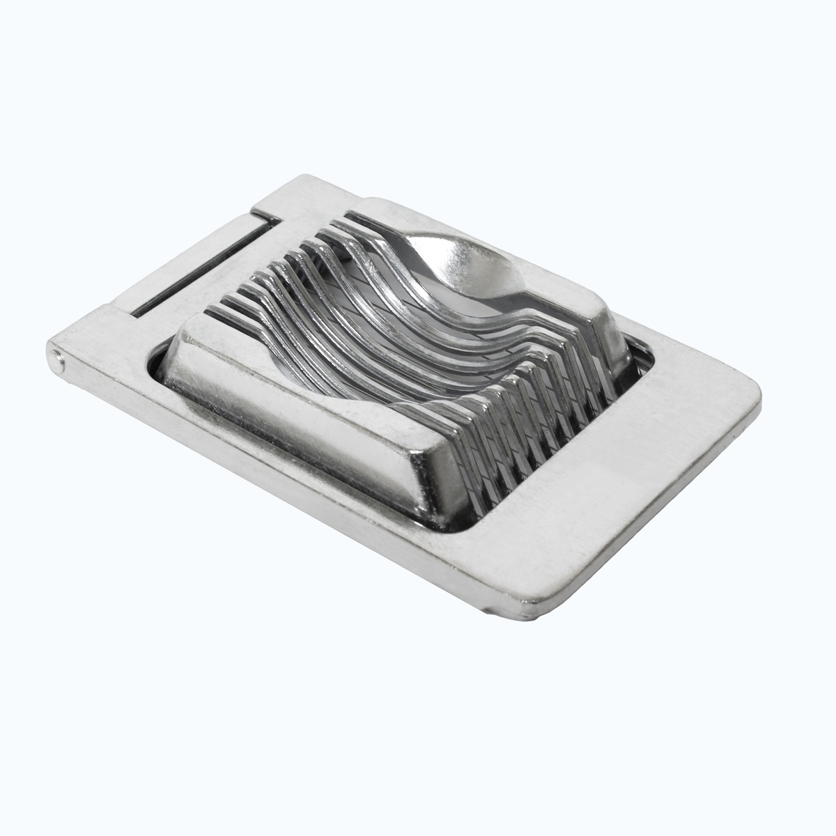 Thunder Group ALES-005C square aluminum egg slicer, closed position, angled view showing ridged egg cradle