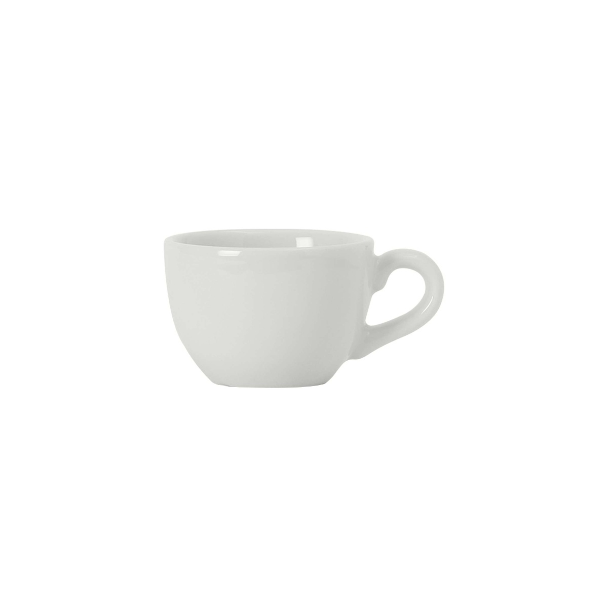 Tuxton porcelain white espresso cup side profile showing rolled edge and handle detail