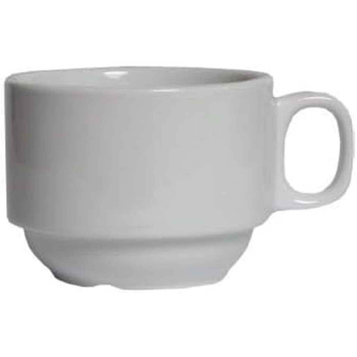 Tuxton ALF-0703 white stacking cup showing recessed base and single handle detail