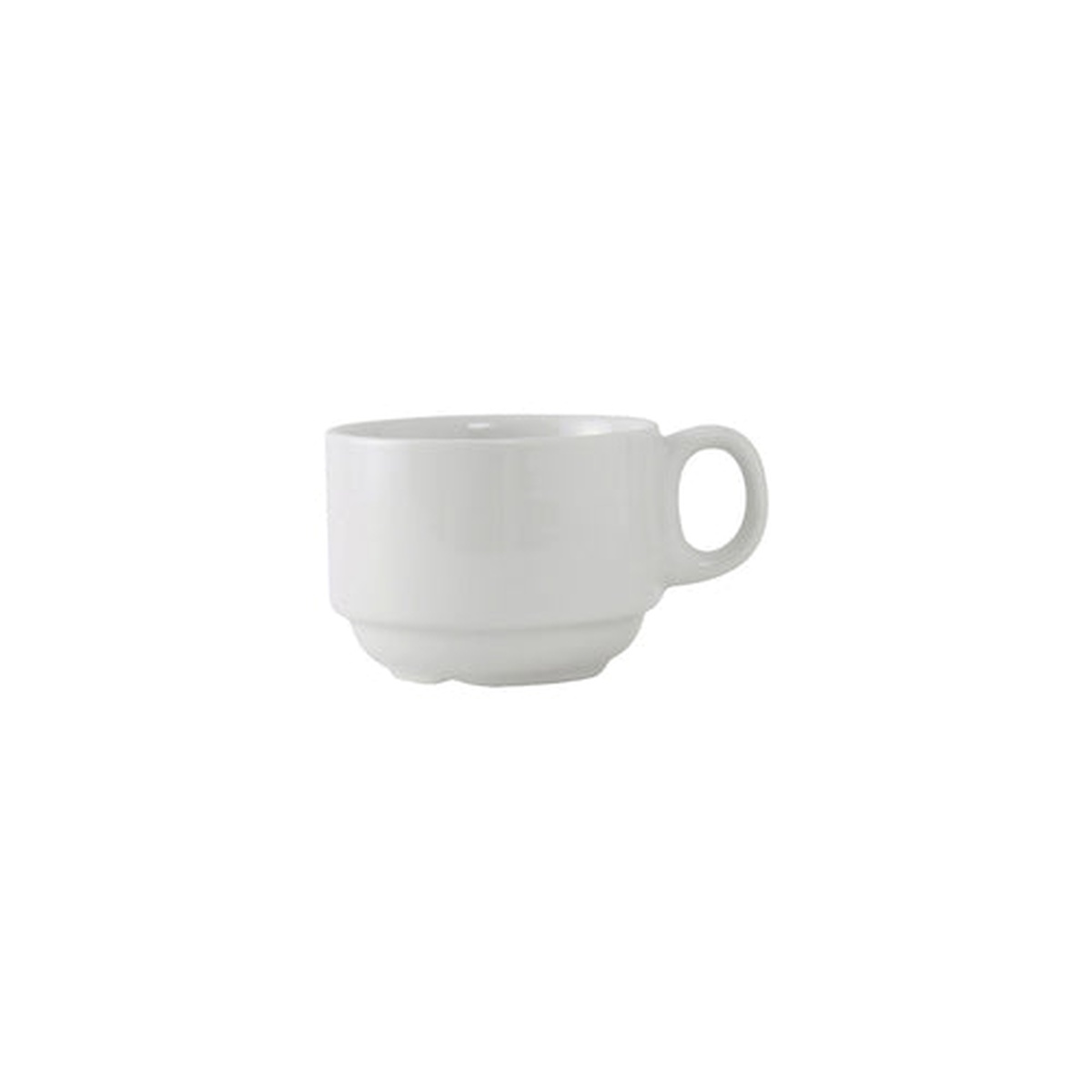Tuxton ALF-0703 porcelain white stackable demitasse cup with handle, side view