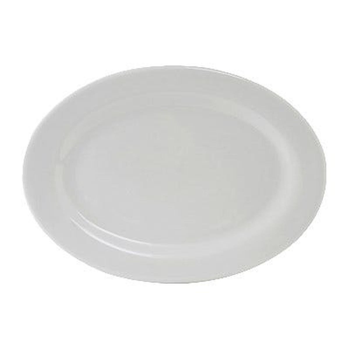 Tuxton ALH-160 porcelain white oval platter, top view showing wide rim and rolled edge