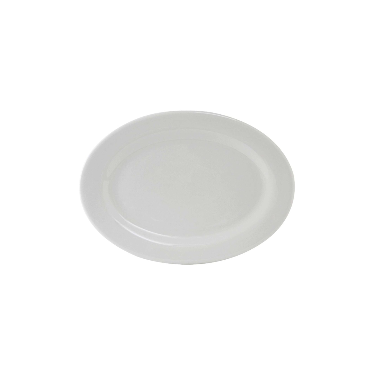 Tuxton Alaska bright white oval china platter with wide rolled rim, angled view
