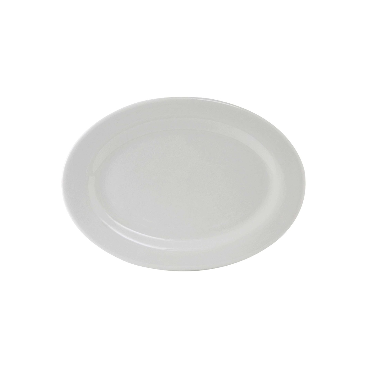 Tuxton Alaska bright white oval china platter, straight-on top view showing wide rim