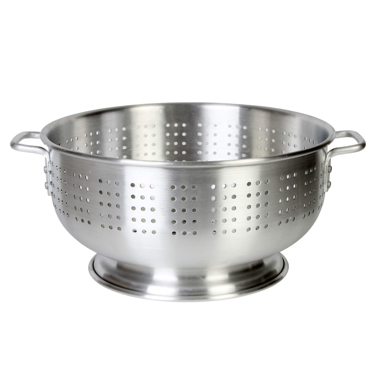 Thunder Group ALHDCO001 8 Qt aluminum colander side view showing perforated bowl, riveted handles, and footed base